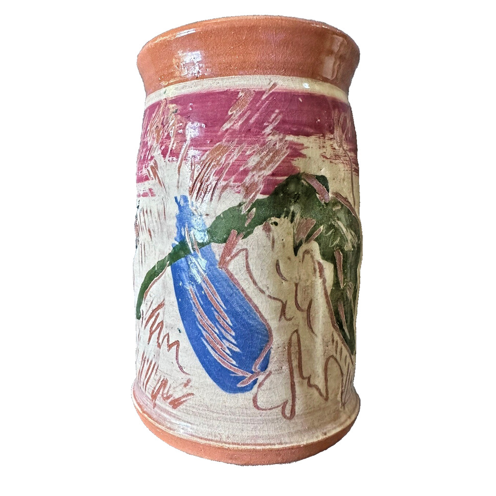 Studio Pottery Art Vase Pot Hand painted Pink Green Blue Primitive Jar Kitchen